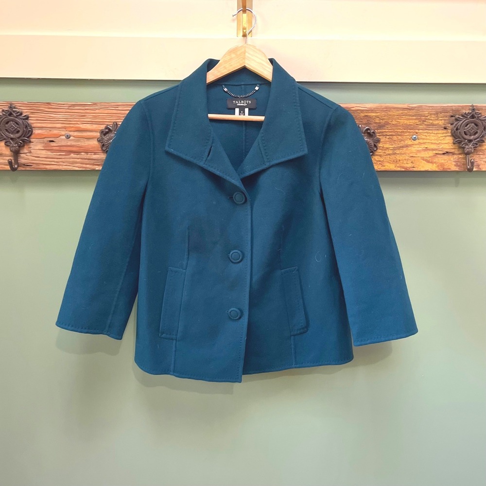 Talbots Women Teal 100% Wool Cropped Bracelet Sleeve Button Front Jacket Size 6